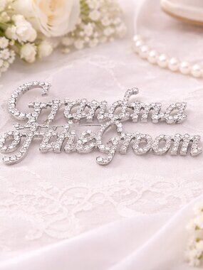 Grandma of the Groom Silver Rhinestone Brooch Pin